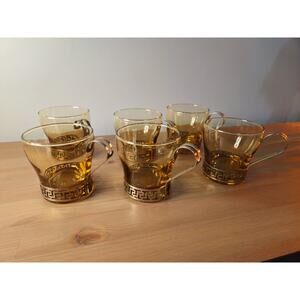 Lot of 6 Libbey Amber Glass Continental Glasses Metal Holders & Greek Key Design